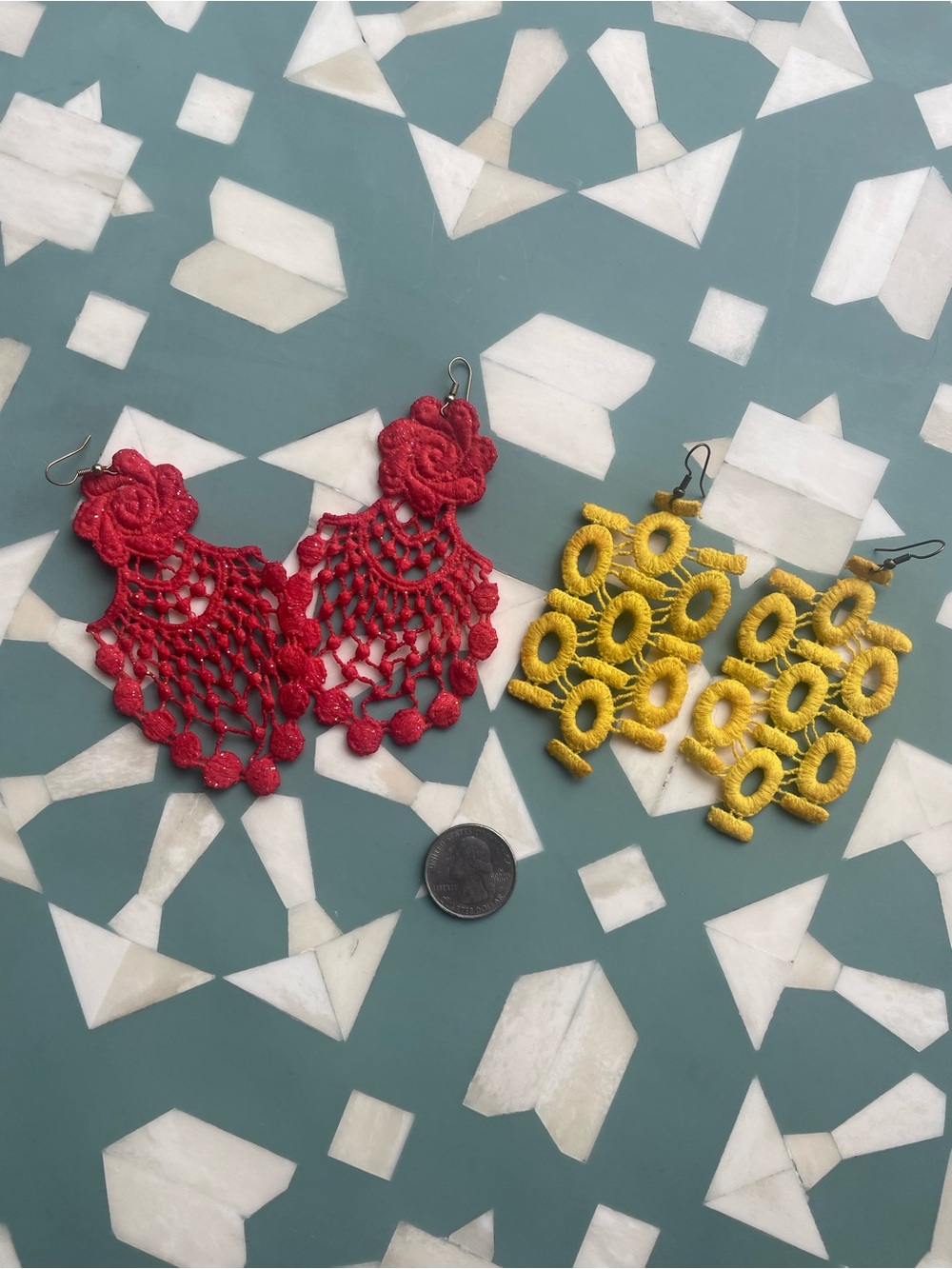 Handcrafted Red Floral & yellow geometric Crochet Earrings